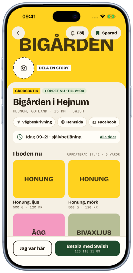 En gårdbutik i Landet-appen med varer og priser og betalingsknappen.