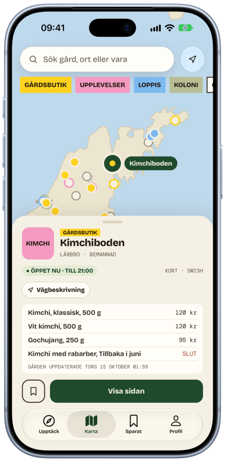 Kortet i Landet-appen med Kimchiboden i Lärbro åbnet: åbent nu til 21:00, kimchi og gochujang med priser.