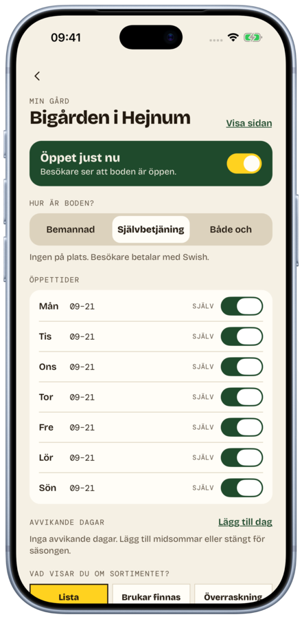 Min gård i Landet-appen: knappen for åbent lige nu og gårdens åbningstider for ugen.