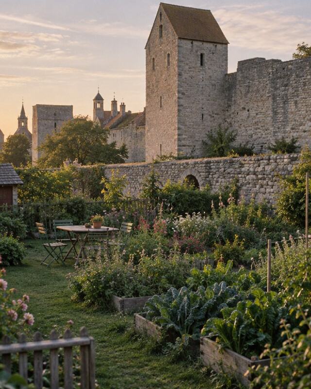 Kolonihaver med roser og grøntsagsbede neden for bymuren i Visby.