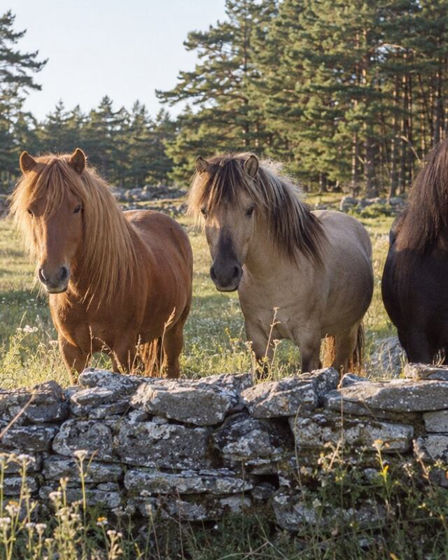Tre islandske heste på en fold bag et stengærde.